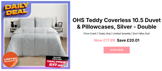 Screenshot showing daily deal on OHS Teddy Coverless 10.5 Duvet & Pillowcase Silver at Online Home Shop