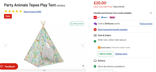 Screenshot showing Party Animals Teepee Play Tent for £20 at Argos