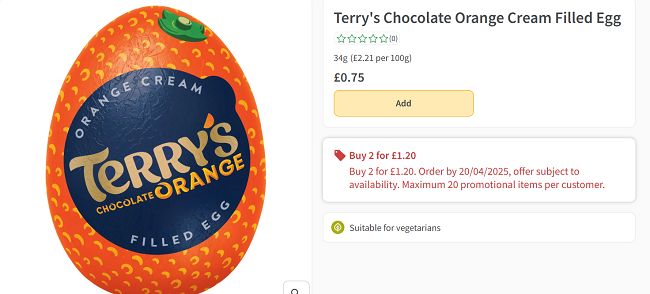 Screenshot showing Terry's Chocolate Orange Cream Filled Egg 2 for £1.20 offer at Morrisons