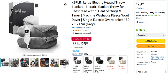 Screenshot showing KEPLIN Extra Large Electric Heated Throw for £29.99 delivered at Amazon Seller: KG-Direct
