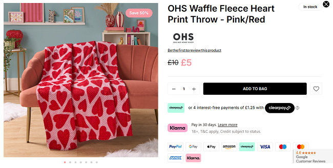 Screenshot showing OHS Waffle Fleece Heart Print Throw for £5 at Online Home Shop