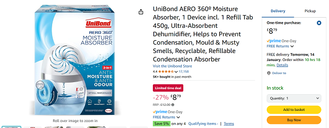 Screenshot showing UniBond AERO 360º Moisture Absorber for £8.79 at Amazon