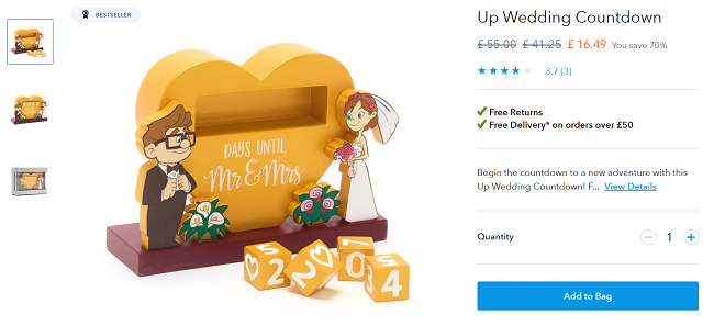 Screenshot showing Up Wedding Countdown for £16.49 at Disney Store