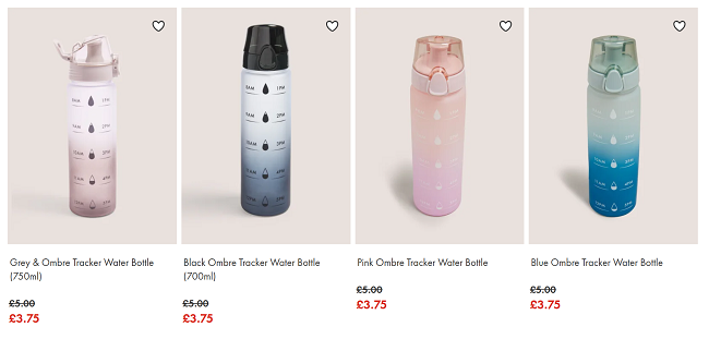 Screenshot showing Ombre Tracker Water Bottles for £3.75 each at Matalan