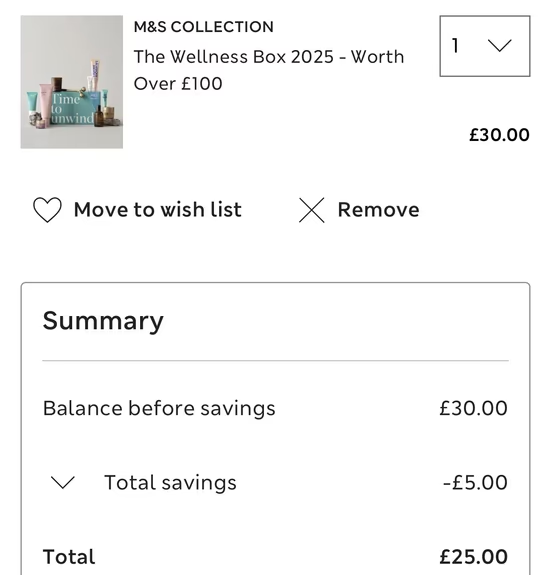Screenshot showing M&S Beauty The Wellness Box 2025 for £25 with code at Marks and Spencer