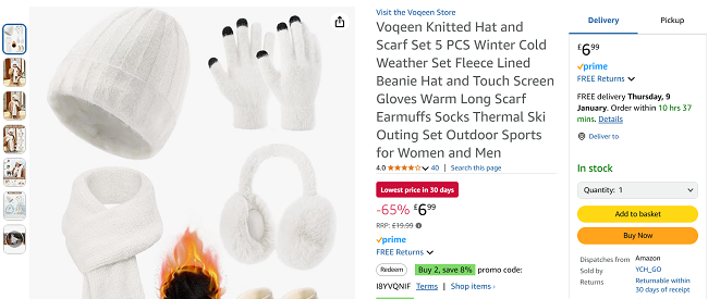 Screenshot showing 5 Piece Winter Set: Fleece Lined Beanie Hat, Touch Screen Gloves, Scarf, Earmuffs & Socks for £6.99 at Amazon / YCH_GO