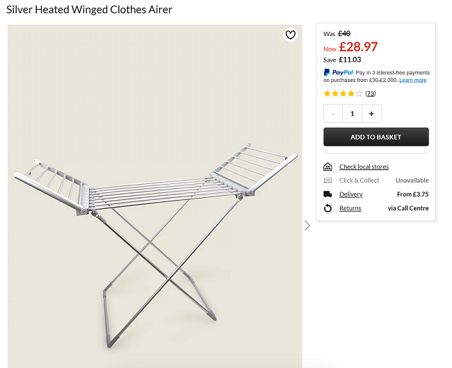 Screenshot showing Silver Heated Winged Clothes Airer for £28.97 at Asda George