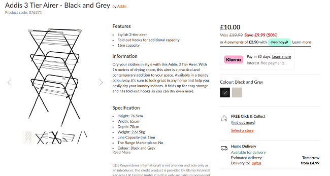 Screenshot showing Addis 3 Tier Airer Black & Grey for £10 at The Range