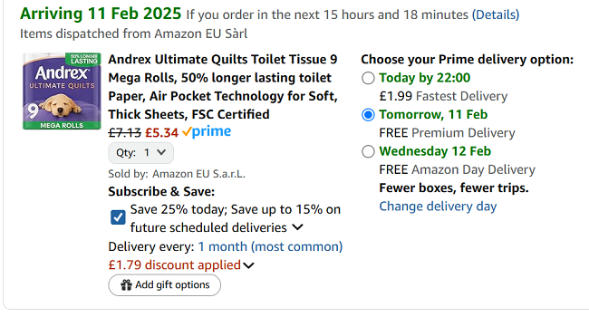 Screenshot showing Andrex Ultimate Quilts Toilet Tissue 9 Mega Rolls for £5.34 at Amazon