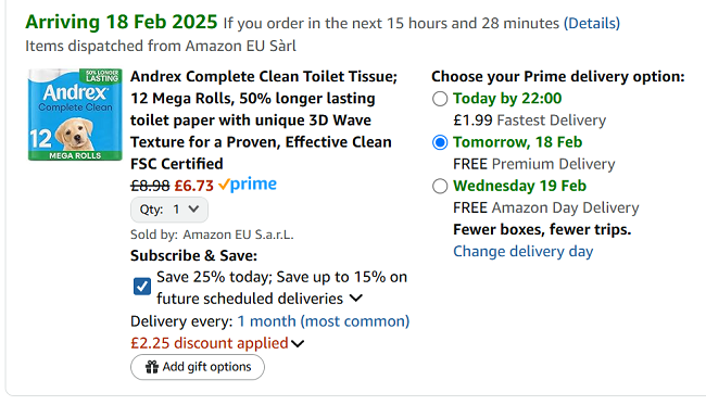 Screenshot showing Andrex Complete Clean Toilet Tissue 12 Mega Rolls for £6.73 at Amazon