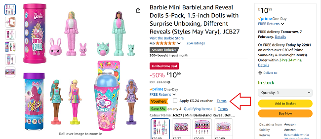 Screenshot showing Barbie Mini BarbieLand Reveal Dolls 5-Pack for £7.75 with voucher at Amazon