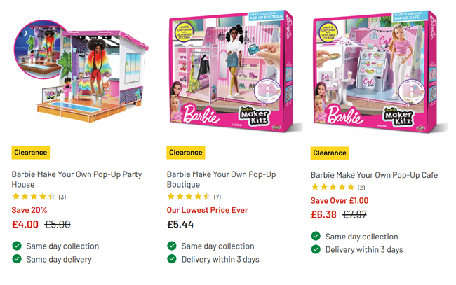 Screenshot showing Barbie Make Your Own Pop-Up kits reduced at Argos