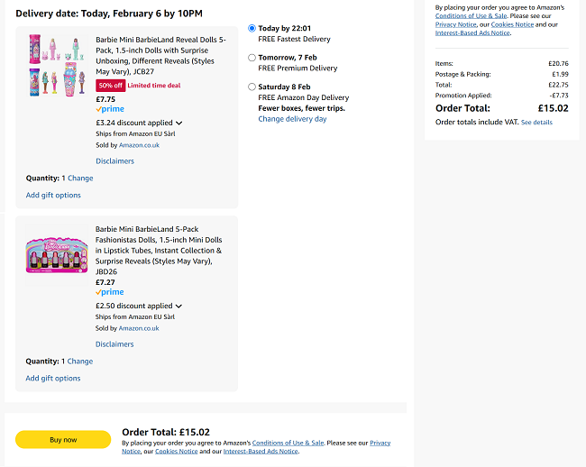 Screenshot showing Barbie Mini BarbieLand Reveal Dolls 5-Pack for £7.75 at Amazon