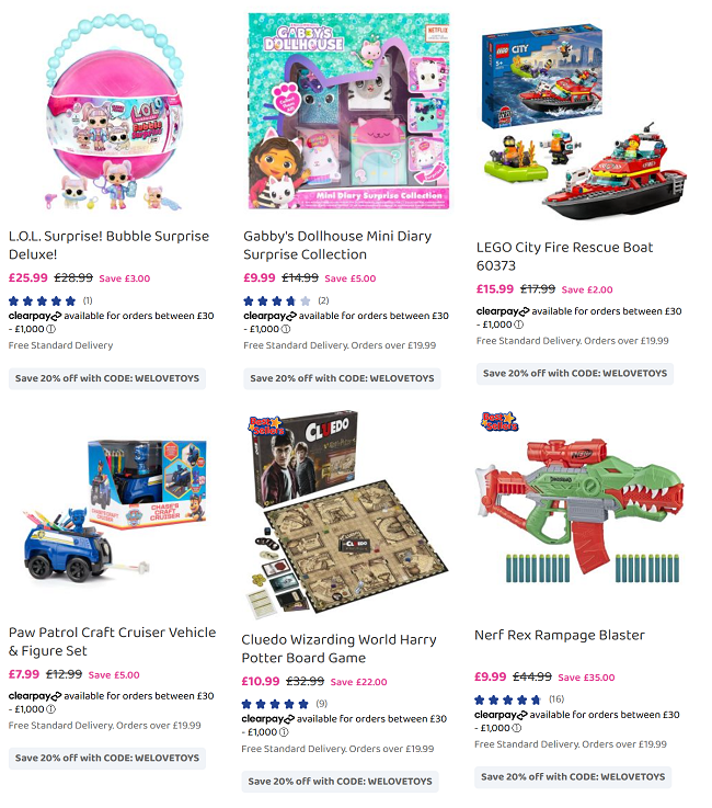 Screenshot showing extra 20% off selected toys with code offer at Bargain Max