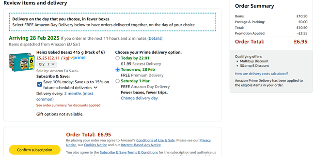 Screenshot showing Heinz Baked Beanz 415 g (Pack of 6) 2 Packs for £6.95 at Amazon