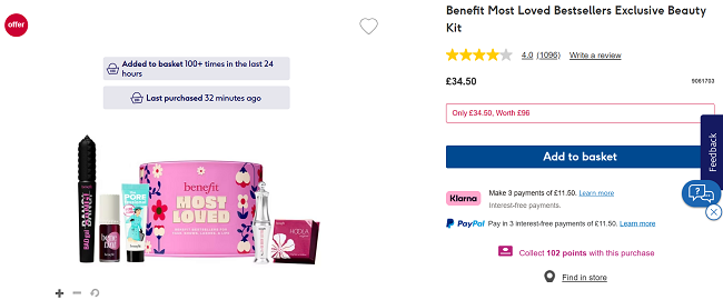 Screenshot showing Benefit Most Loved Bestsellers Exclusive Beauty Kit for £34.50 at Boots