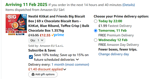 Screenshot showing Nestlé The Big Biscuit Box 69 Chocolate Biscuit Bars for £12.55 at Amazon