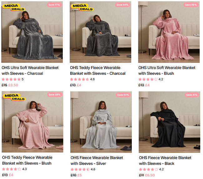 Screenshot showing Wearable Blankets With Sleeves at Online Home Shop