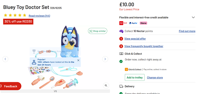 Screenshot showing Bluey Toy Doctor Set at Argos