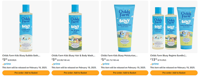 Screenshot showing Childs Farm X Bluey range at Amazon