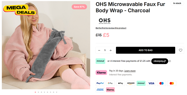 Screenshot showing Microwavable Faux Fur Body Wrap for £5 at Online Home Shop