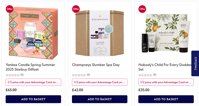 Screenshot showing Half Price Mothers' Day Gifts with Advantage Card offer at Boots
