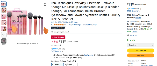 Screenshot showing Real Techniques Everyday Essentials + Makeup Sponge Kit for £11.99 at Amazon