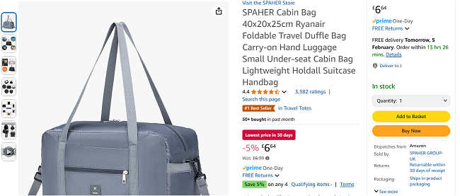 Screenshot showing Spaher Foldable Under-seat Cabin Bag for £6.64 at Amazon / SPAHER GROUP-UK