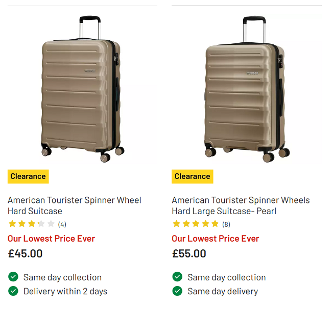 Screenshot showing reduced American Tourister Spinner Wheel Hard Suitcase at Argos