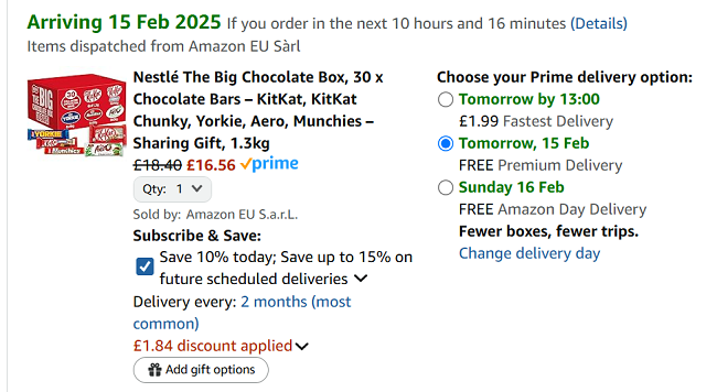 Screenshot showing Nestlé The Big 30 Bar Chocolate Box for £16.56 at Amazon