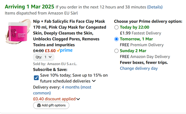 Screenshot showing Nip + Fab Salicylic Fix Face Clay Mask 170 ml for £3.60 at Amazon
