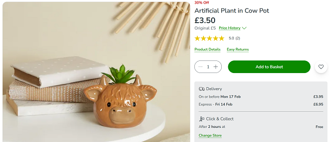 Screenshot showing Highland Cow Artificial Plant Pot for £3.50 at Dunelm