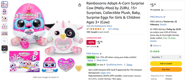Screenshot showing Rainbocorns Adopt-A-Corn Surprise Cow for £5.99 at Amazon