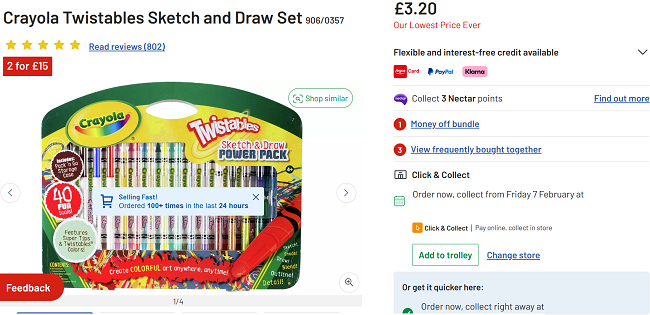 Screenshot showing Crayola Twistables Sketch and Draw Set for £3.20 at Argos
