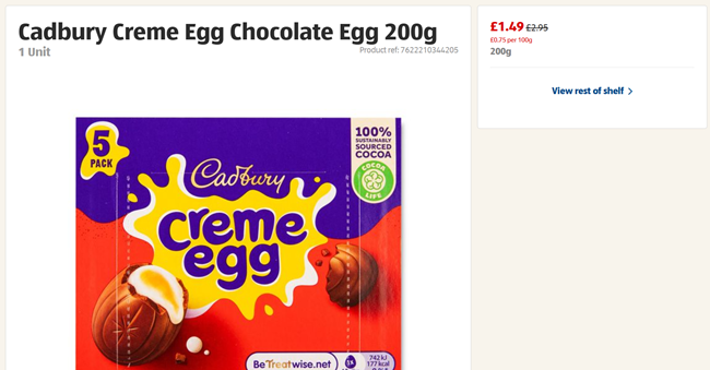 Screenshot showing Cadbury Creme Egg 5 Pack 200g for £1.49 at Aldi