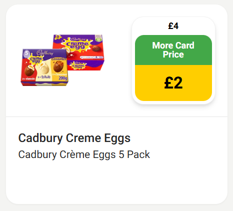 Screenshot showing Cadbury Creme Egg 5 Pack £2 with More Card offer at Morrisons