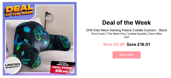 Screenshot showing Kids Neon Gaming Fleece Cuddle Cushion Black for £5.99 at Online Home Shop
