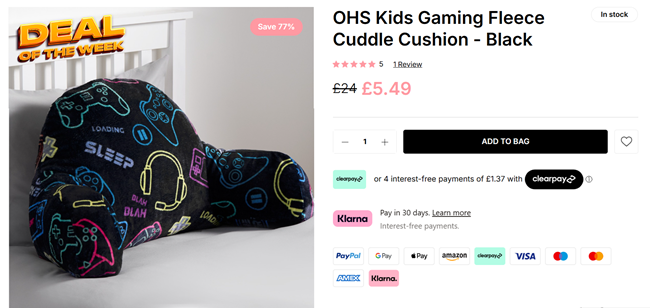Screenshot showing Kids Gaming Fleece Cuddle Cushion for £5.49 at Online Home Shop