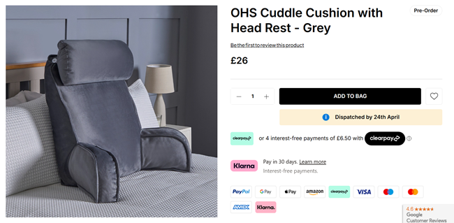 Screenshot showing Cuddle Cushion with Head Rest for £26 at Online Home Shop