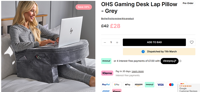 Screenshot showing OHS Gaming Desk Lap Pillow for £28 at Online Home Shop