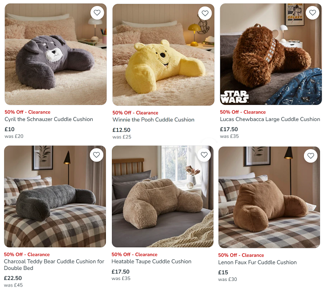 Screenshot showing 50% off selected Cuddle Cushions at Dunelm