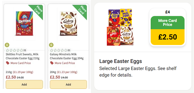 Screenshot showing Selected Large Easter Eggs £2.50 with More Card offer at Morrisons