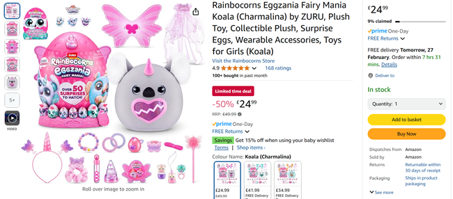 Screenshot showing Rainbocorns Eggzania Fairy Mania Koala for £24.99 at Amazon