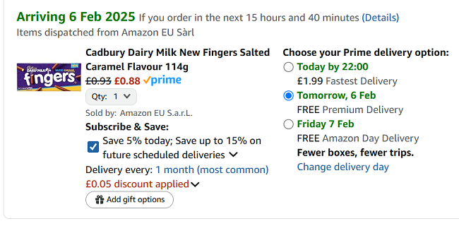 Screenshot showing Cadbury Dairy Milk New Fingers Salted Caramel Flavour 114g for 88p at Amazon