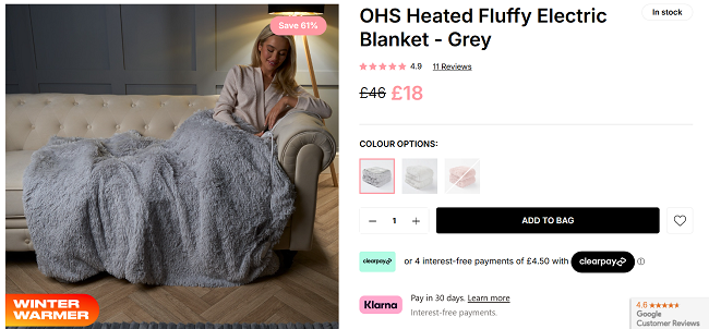 Screenshot showing Heated Fluffy Electric Blanket Grey for £18 at Online Home Shop