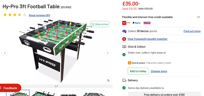 Screenshot showing Hy-Pro 3ft Football Table for £35 at Argos