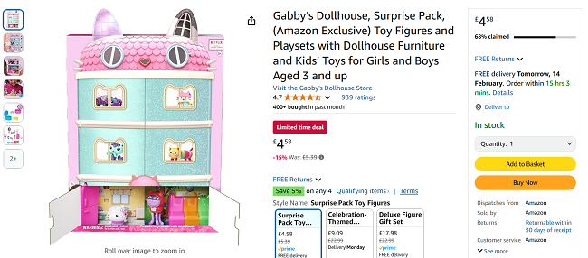 Screenshot showing Gabby’s Dollhouse Surprise Pack for £4.58 at Amazon