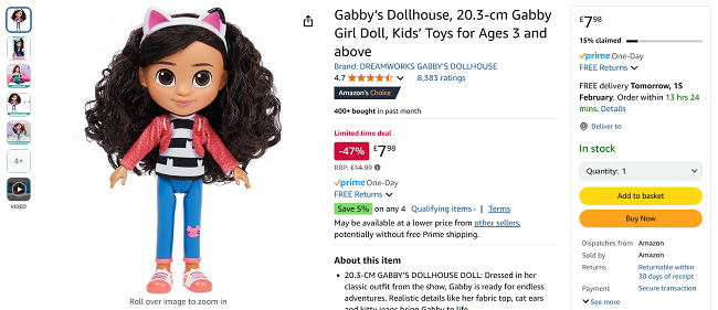 Screenshot showing Gabby's Dollhouse Doll for £7.98 at Amazon