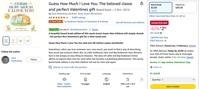 Screenshot showing 'Guess How Much I Love You' Board Book for £2.65 at Amazon
