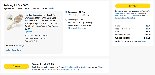 Screenshot showing marQus Detangling Hair Brush for £4.99 with voucher at Amazon / Flipfield